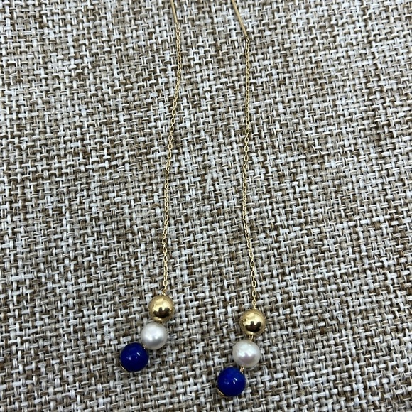 14K Gold Mexico Stamped Threader Earrings with Lapis Lazuli and Pearl Beads - Picture 7 of 11